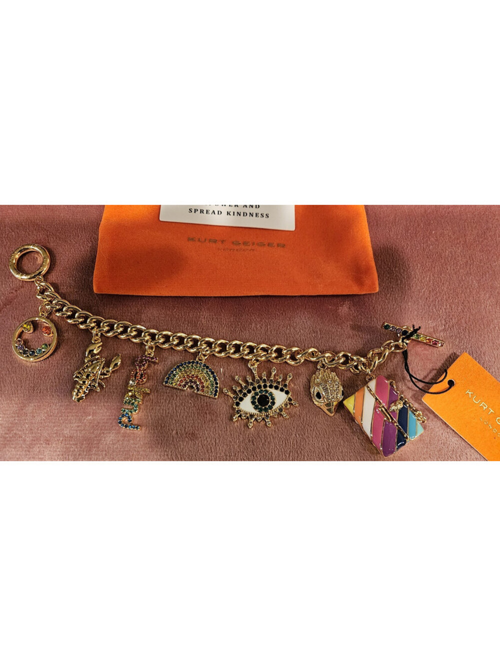 NWT KURT GEIGER LONDON MULTI CHARMS CRYSTAL BRACELET - BE KIND, RAINBOW, LOBSTER